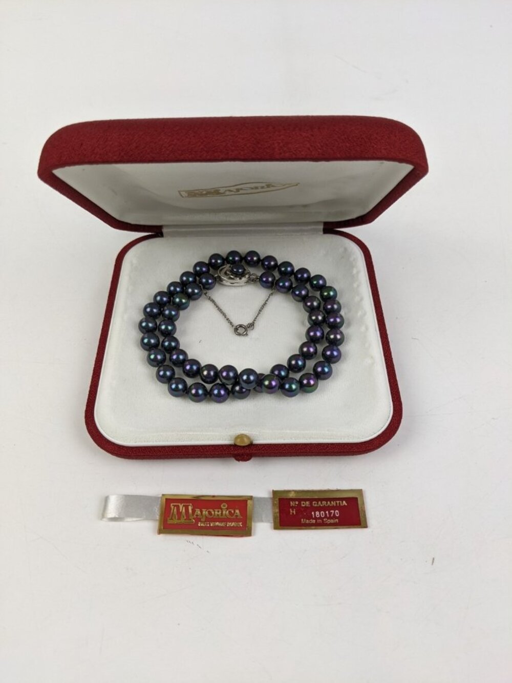 Majorca Peacock Iridescent Peal Necklace w/ Sterling Silver Claps w/ Box